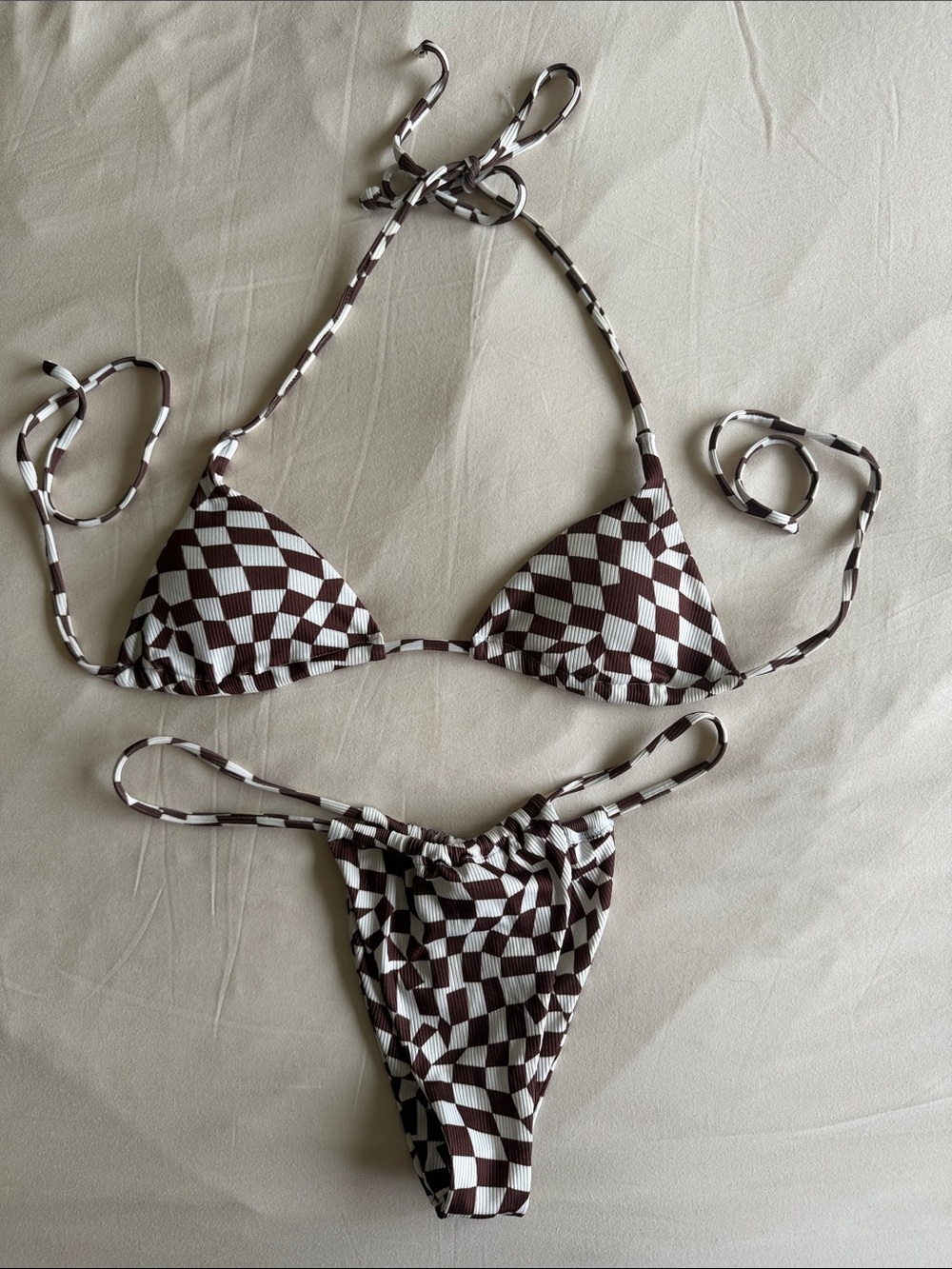 Zaful Brown & White Checkered String Bikini